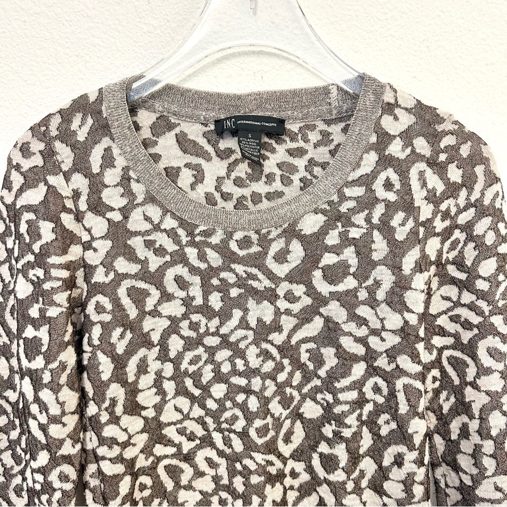 Animal Print Sweater Top INC Shirt Metallic Leopard Wool Brown Taupe Size Small - Picture 4 of 12